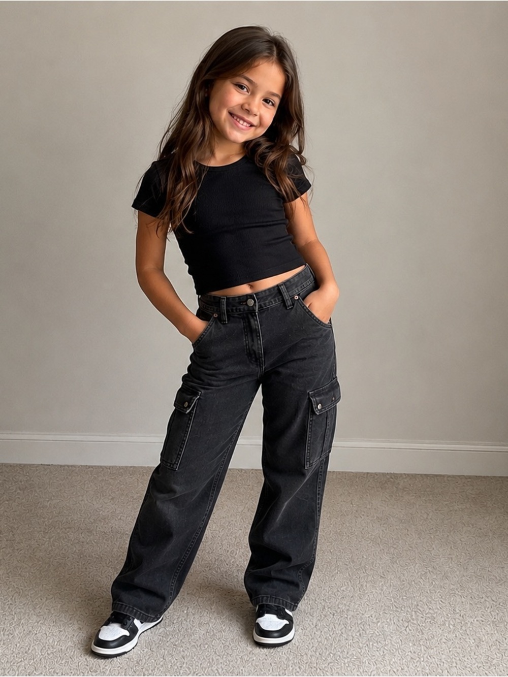Old Navy High-Waisted Super Baggy Wide-Leg Cargo Jeans Washed Black Kids Size 5